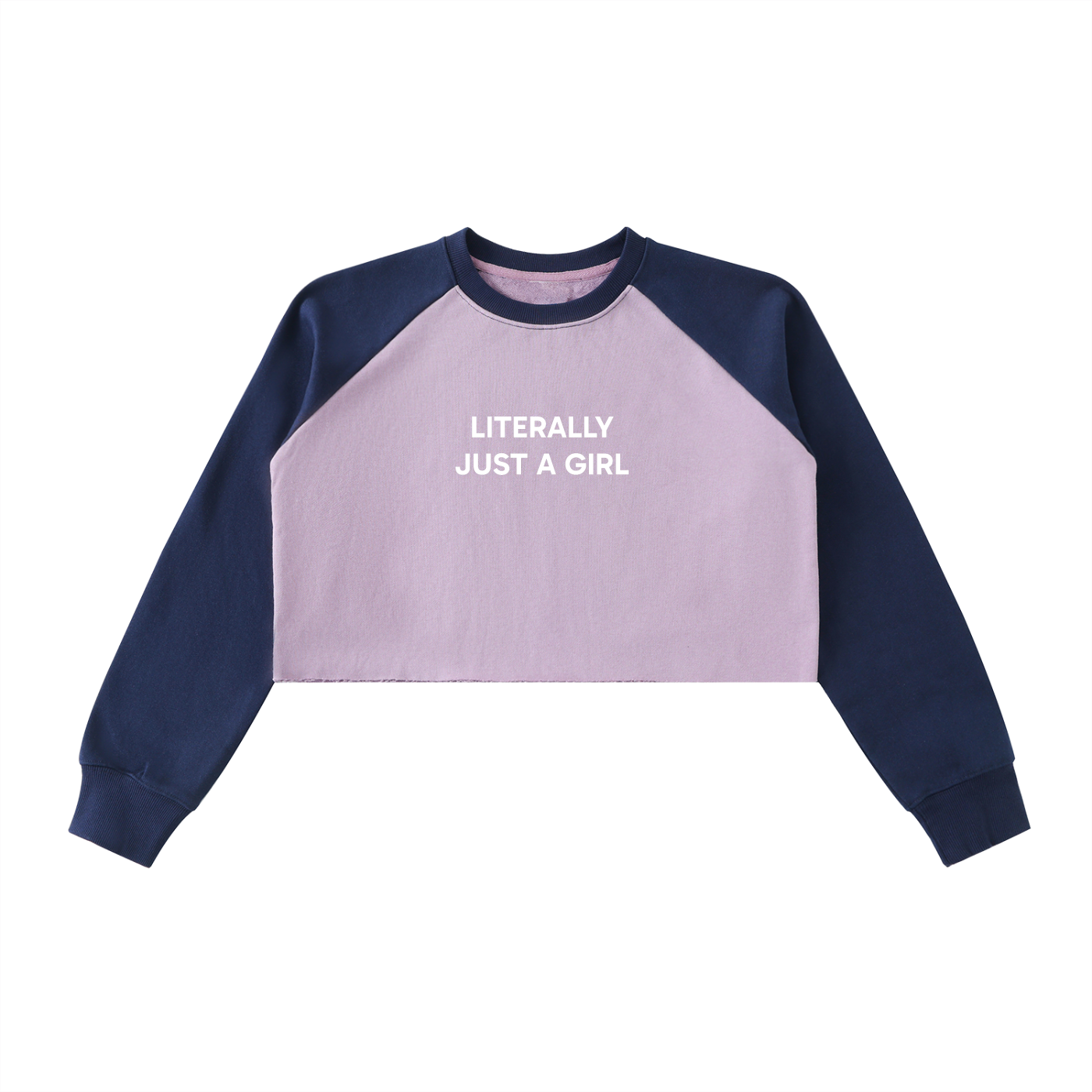 "Literally Just A Girl" Raw-Hem Color-Block Raglan Crop Sweatshirt
