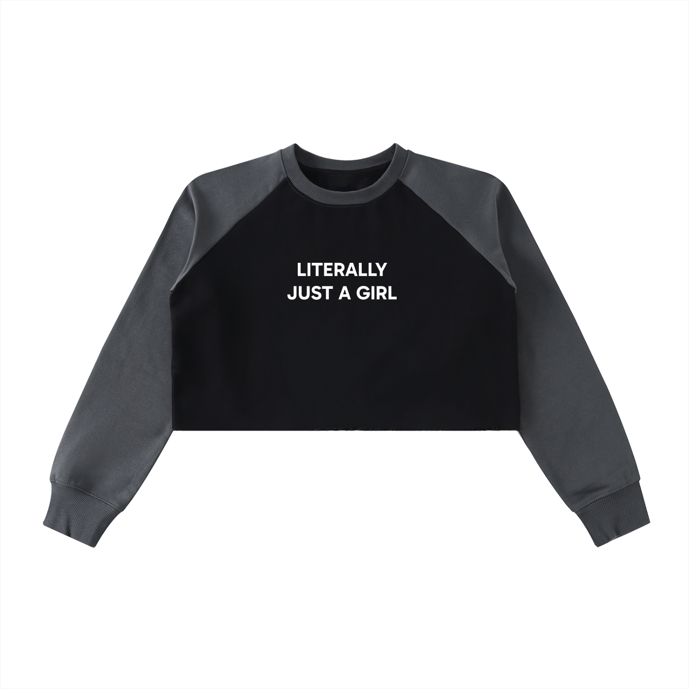 "Literally Just A Girl" Raw-Hem Color-Block Raglan Crop Sweatshirt