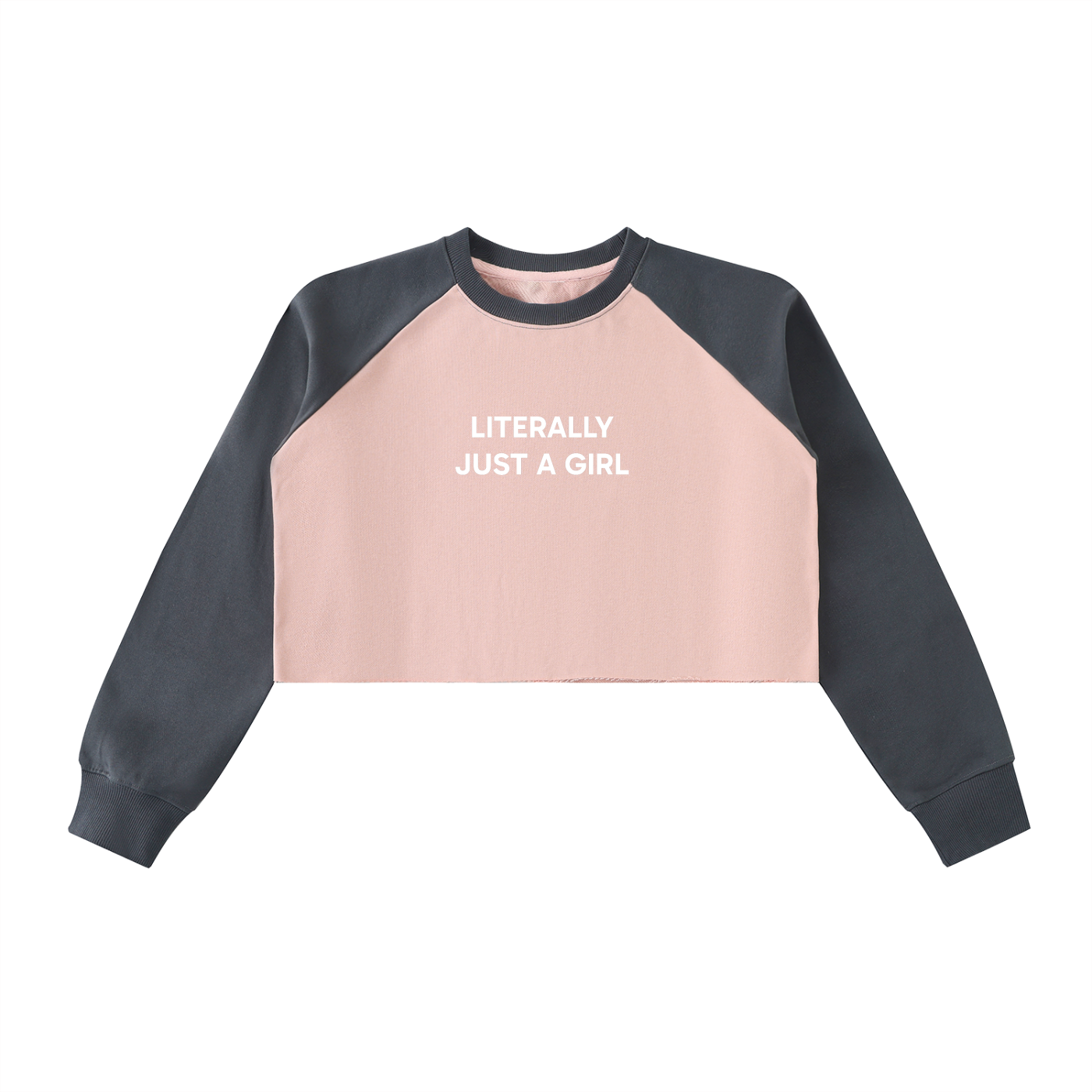 "Literally Just A Girl" Raw-Hem Color-Block Raglan Crop Sweatshirt