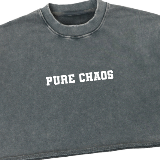 "Pure Chaos" Snow Washed Raw Edge Cropped Sweatshirt