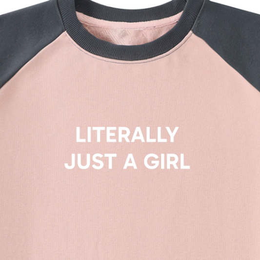 "Literally Just A Girl" Raw-Hem Color-Block Raglan Crop Sweatshirt