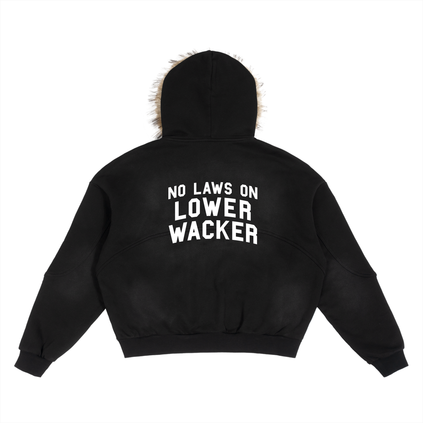 Black hoodie with text 'NO LAWS ON LOWER WACKER' on the back against a white background